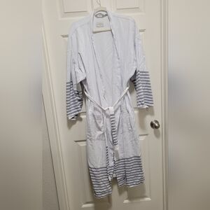 White and Gray Frette Striped Robe, XL, 100% Cotton